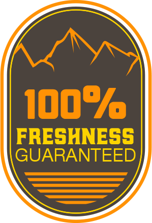 Ricco Coffee Company 100% Freshness Guaranteed badge with mountain silhouette and golden stripes symbolizing sealed freshness