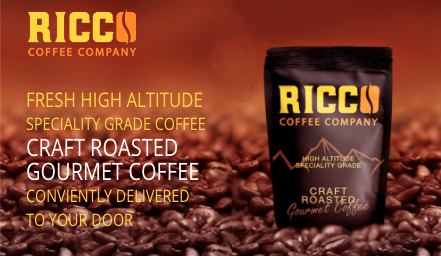 The Ricco Coffee Company banner features a vibrant display of roasted coffee beans with a package of their fresh high-altitude, specialty-grade craft roasted gourmet coffee. The warm, rich tones of the beans set the backdrop for the company's commitment to quality, convenience, and the art of fine coffee delivered straight to your door. Perfect for brewing in a vintage stovetop percolator, this image invites coffee lovers to explore the array of gourmet flavors available through Ricco Coffee Company's subscription service.