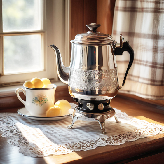 A shining vintage stovetop coffee percolator sits on a lace tablecloth beside a window, its glass top reflecting the morning sun. A cozy cup and saucer, adorned with a floral design and filled with fresh lemons, complement the warm, nostalgic scene, reminiscent of the classic coffee brewer time capsule from the mid-20th century.