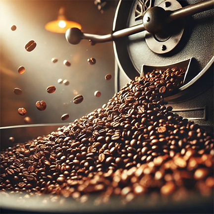 Freshly roasted specialty - grade coffee beans pouring from an artisanal roasting machine, highlighting Ricco Coffee’s commitment to high - quality, antioxidant - rich, and low - acid craft roasted coffee for superior flavor and health benefits.