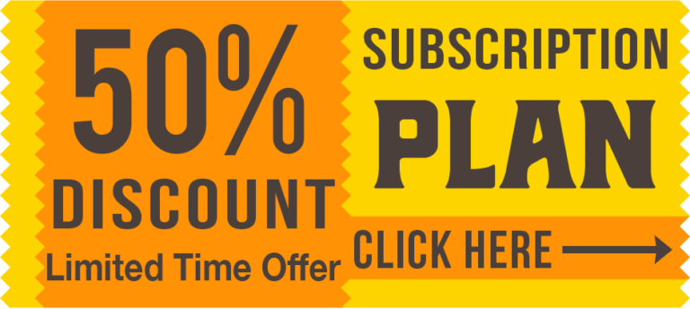 Ricco Coffee banner promoting 50% discount for new subscription plan signups; yellow and orange coupon-style design with call-to-action